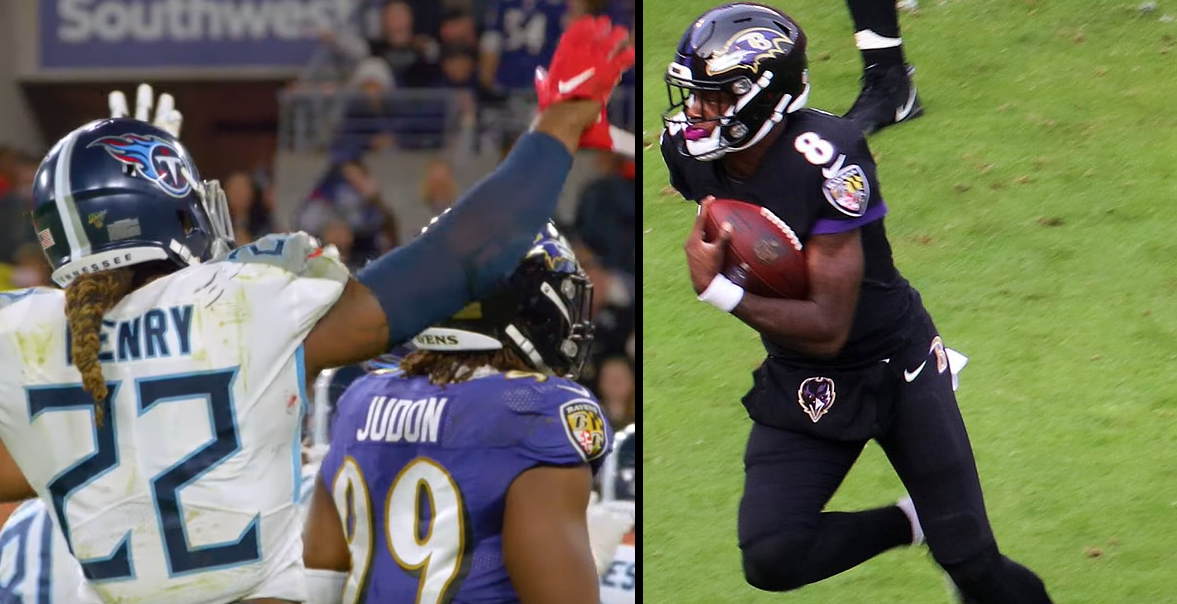 Tennessee Titansin Derrick Henry kuvattuna ottelussa Baltimore Ravensia vastaan. Toisessa kuvassa Baltimore Ravensin pelinrakentaja Lamar Jackson juoksee pallon kanssa.
