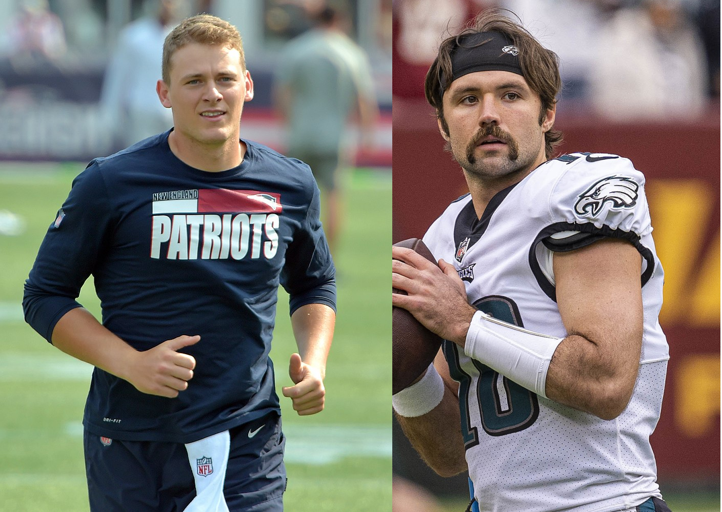 New England Patriotsin pelinrakentaja Mac Jones ja Philadephia Eaglesin varapelinrakentaja Gardner Minshew.