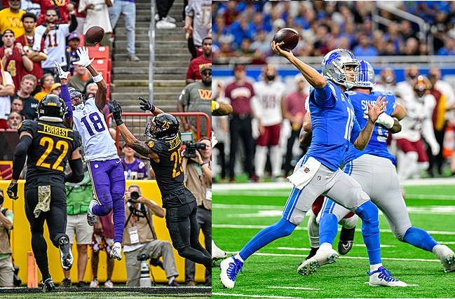 Kuvassa Minnesota Vikingsin laitahyökkääjä Justin Jefferson ottamassa palloa kiinni ilmassa. Toisessa kuvassa Detroit Lionsin pelinrakentaja Jared Goff heittää palloa.