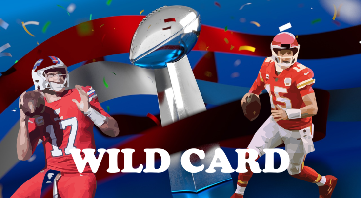 Kuvassa NFL pudotuspelien Wild Card kierrokselle osallistuvat Kansas City Chiefsin Patrick Mahomes ja Buffalo Billsin Josh Allen. Keskellä Super Bowl pokaali.